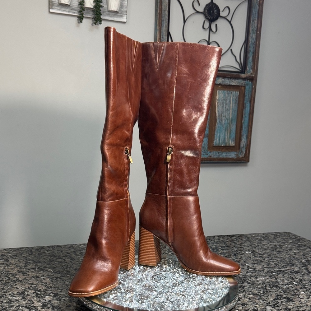 Nine West Brown Leather block heel square toe Heeled knee high Boots NEW 9 - Picture 8 of 10